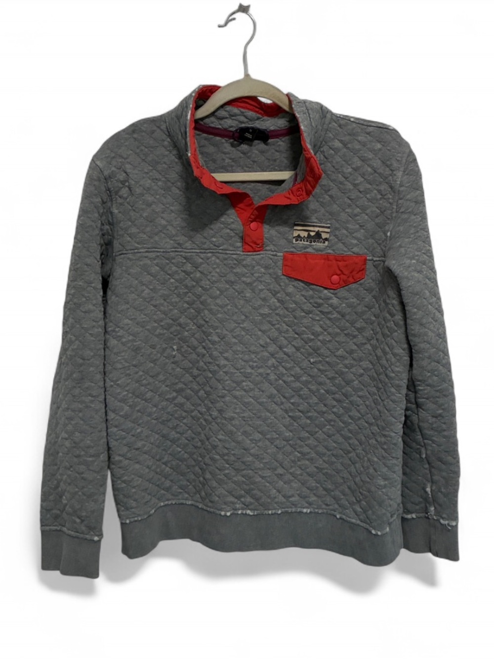 Patagonia Snap T Gray Quilted Crewneck Sweater with Orange Trim